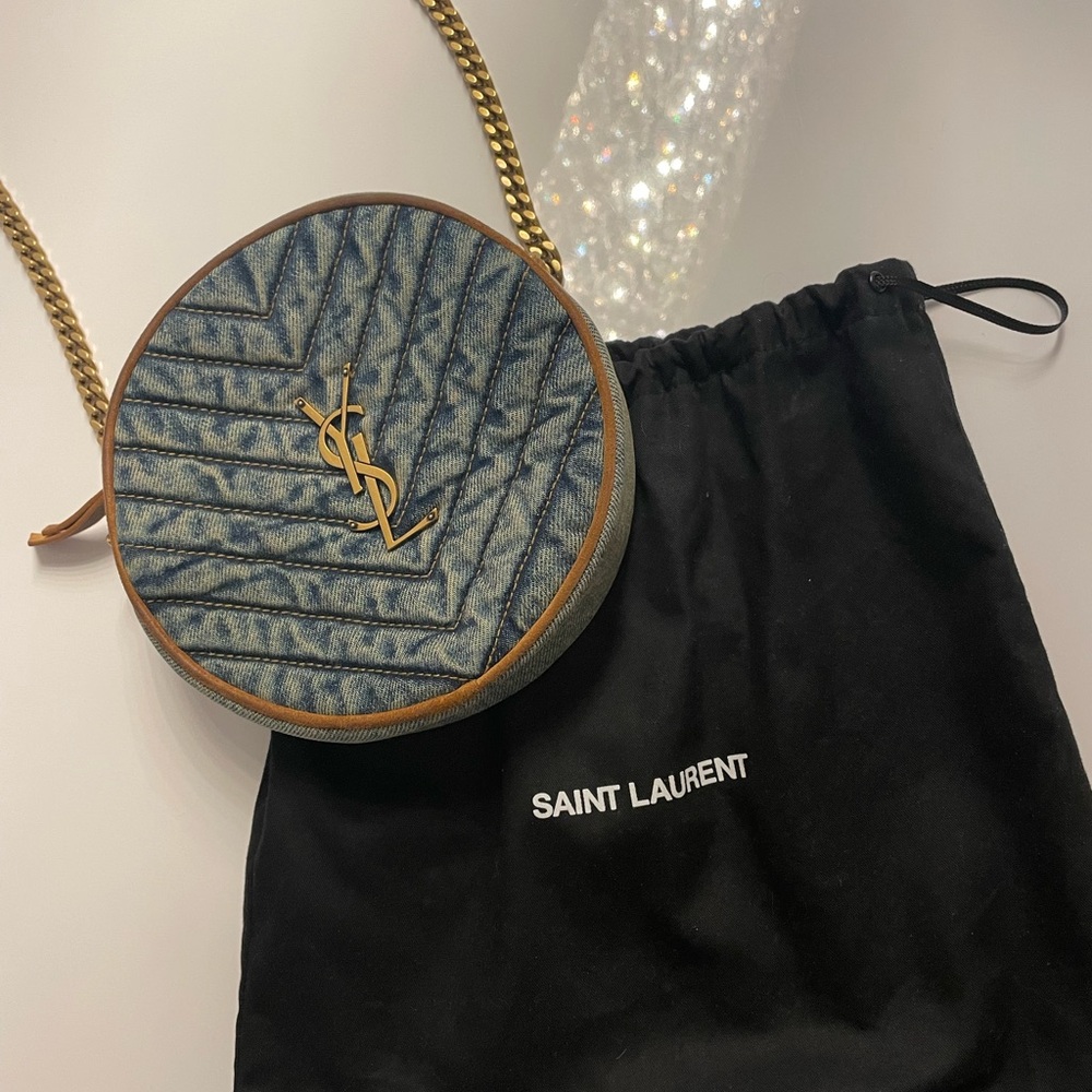 Yves Saint Laureent (YSL) denim round crossbody bag with original slip cover